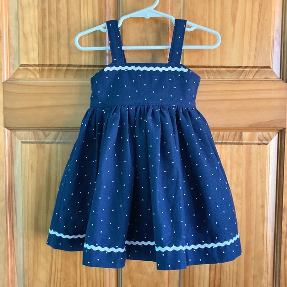 Girl’s size 2 handmade navy blue and white polka dotted jumper with ric-rac trim - Picture 1 of 4